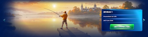 Niveau 1 VIP sur BassBet – Promotions et support 24/7 Joueur pêchant au lever du soleil avec une offre de niveau VIP sur le site BassBet.